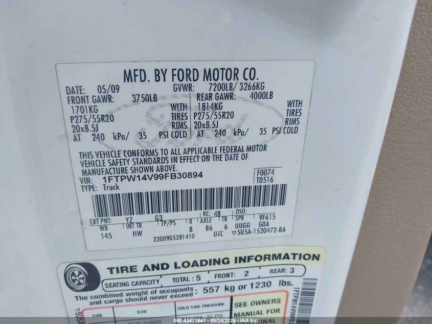 2009 Ford F-150 VIN 1FTPW14V99FB30894 IAAI salvage auction — NORMAL WEAR, Original (Ohio), sold $1,100 on 2026-08-02 (photo 9)