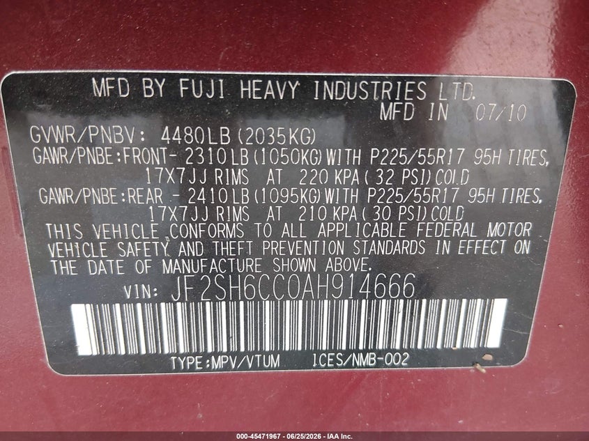 2010 Subaru Forester VIN JF2SH6CC0AH914666 IAAI salvage auction — WATER/FLOOD, Salvage (Louisiana), sold $300 on 2026-07-20 (photo 9)