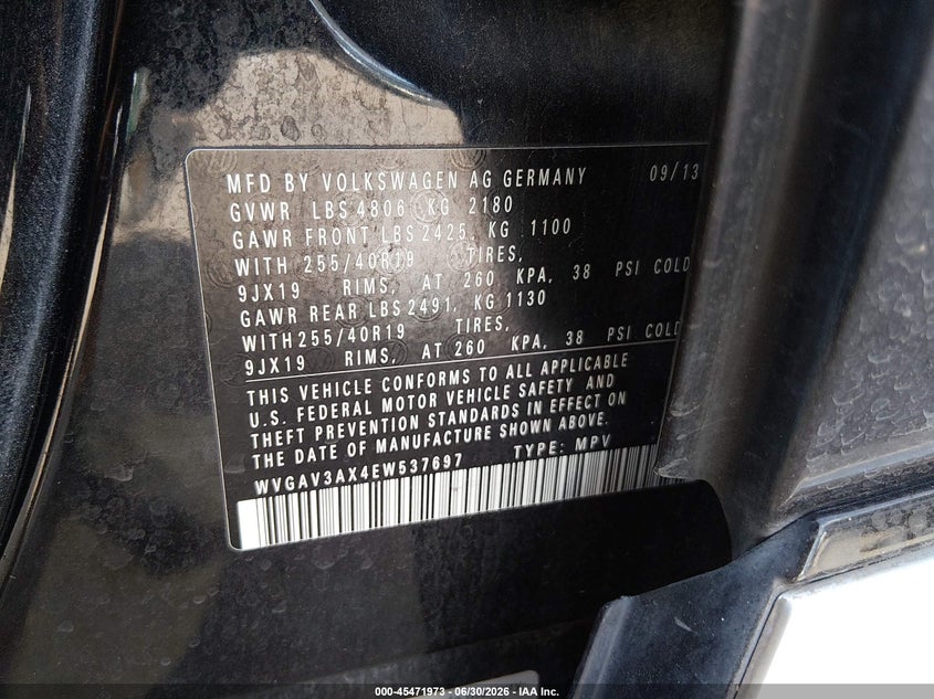 2014 Volkswagen Tiguan VIN WVGAV3AX4EW537697 IAAI salvage auction — FRONT END, Salvage Title, sold $750 on 2026-08-13 (photo 9)