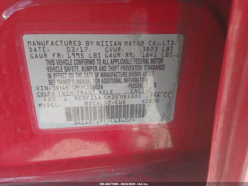 2017 Nissan Sentra VIN 3N1AB7AP5HL686024 IAAI salvage auction — NORMAL WEAR, Clear - Dealer Only (California), sold $1,750 on 2026-07-09 (photo 9)