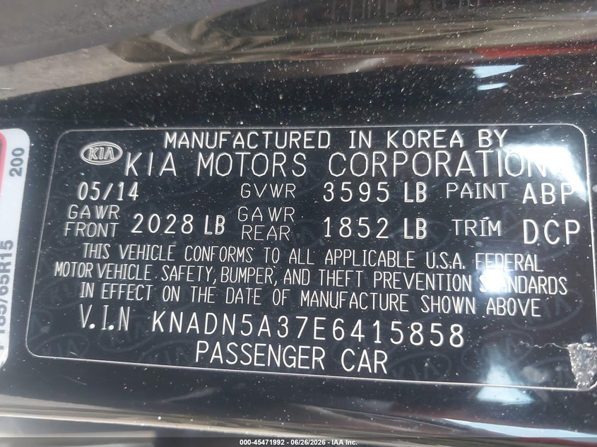 2014 Kia Rio VIN KNADN5A37E6415858 IAAI salvage auction — NORMAL WEAR, Clear (Maryland), sold $400 on 2026-07-22 (photo 9)