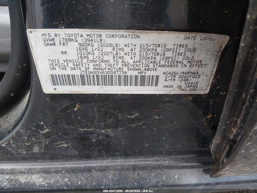 2003 Toyota Rav4 VIN JTEGH20V630087739 IAAI salvage auction — NORMAL WEAR, Clear (Missouri), sold $650 on 2026-07-30 (photo 9)