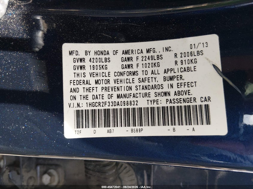 2013 Honda Accord VIN 1HGCR2F33DA098832 IAAI salvage auction — FRONT END, Salvage (South Carolina), sold $1,350 on 2026-07-19 (photo 9)