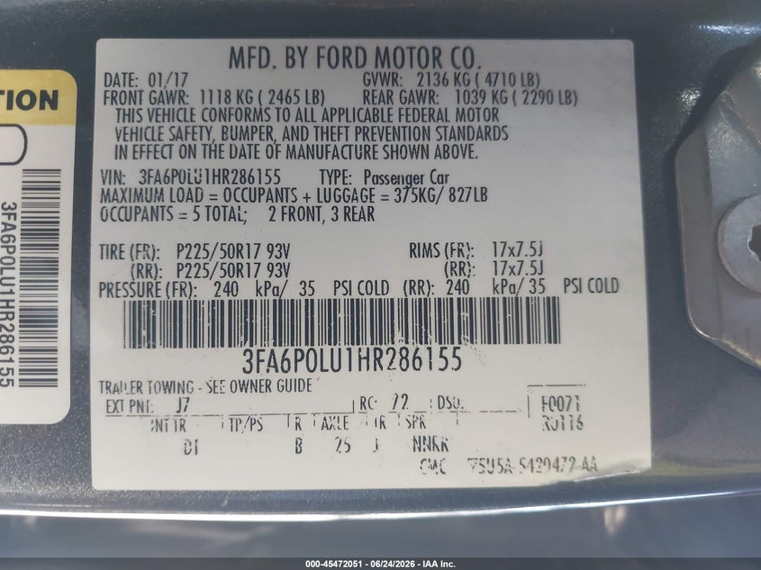 2017 Ford Fusion VIN 3FA6P0LU1HR286155 IAAI salvage auction — LEFT SIDE, Clear - Dealer Only (California), sold $550 on 2026-07-09 (photo 9)