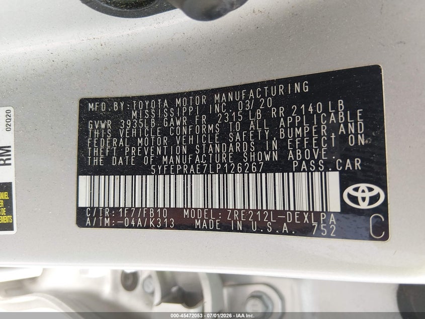 2020 Toyota Corolla VIN 5YFEPRAE7LP126267 IAAI salvage auction — FRONT END, Salvage (South Carolina), sold $2,950 on 2026-07-29 (photo 9)