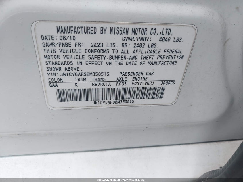 2011 Infiniti G VIN JN1CV6AR9BM350515 IAAI salvage auction — NORMAL WEAR, Clear (New York), sold $575 on 2026-07-28 (photo 9)