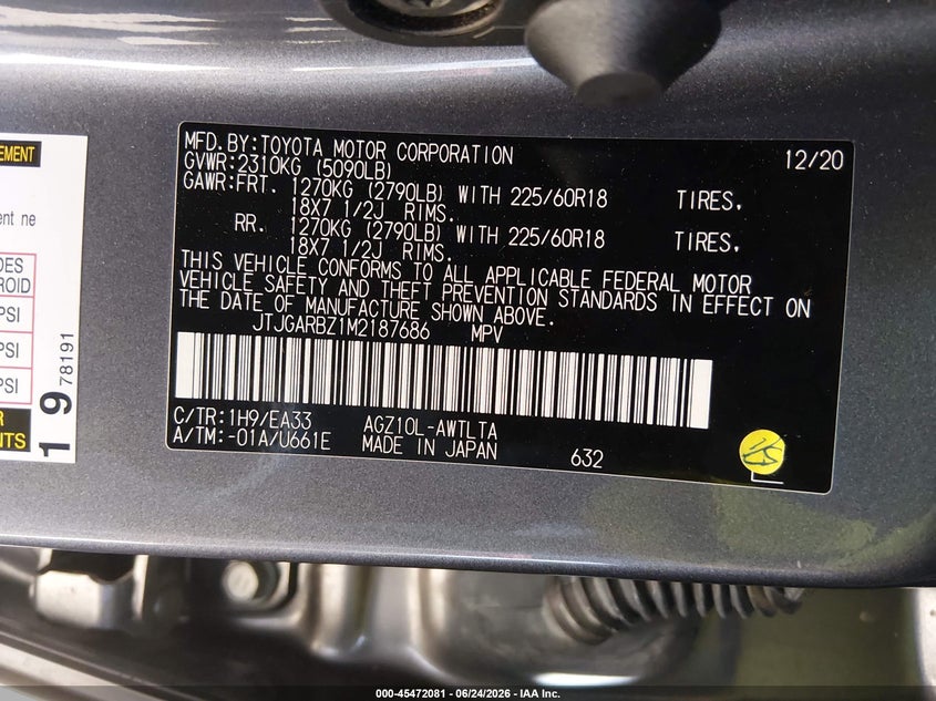 2021 Lexus Nx VIN JTJGARBZ1M2187686 IAAI salvage auction — LEFT REAR, Salvage (California), sold $8,325 on 2026-07-29 (photo 9)