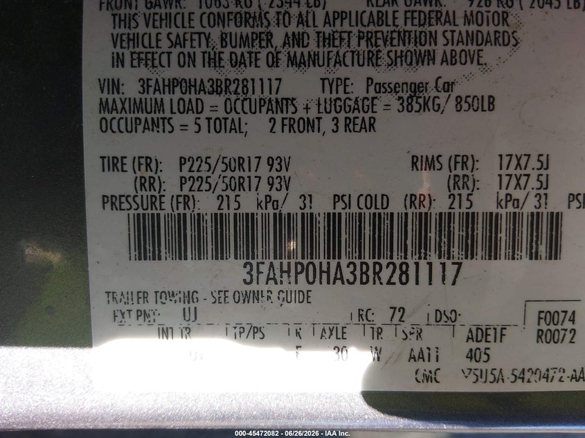 2011 Ford Fusion VIN 3FAHP0HA3BR281117 IAAI salvage auction — LEFT REAR, Salvage (California), sold $375 on 2026-07-09 (photo 9)