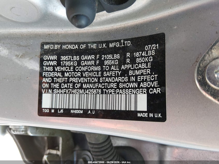 2021 Honda Civic VIN SHHFK7H62MU425876 IAAI salvage auction — LEFT FRONT, Salvage (Connecticut), sold $5,000 on 2026-07-30 (photo 9)