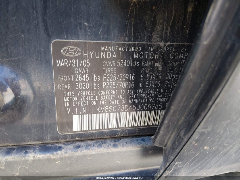 2005 Hyundai Santa fe VIN KM8SC73D45U005785 IAAI salvage auction — RIGHT REAR, Regular (Nevada), sold $100 on 2026-07-17 (photo 9)
