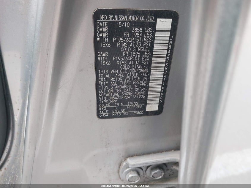 2010 Nissan Cube VIN JN8AZ2KR2AT164906 IAAI salvage auction — NORMAL WEAR, Clear (Tennessee), sold $325 on 2026-07-21 (photo 9)