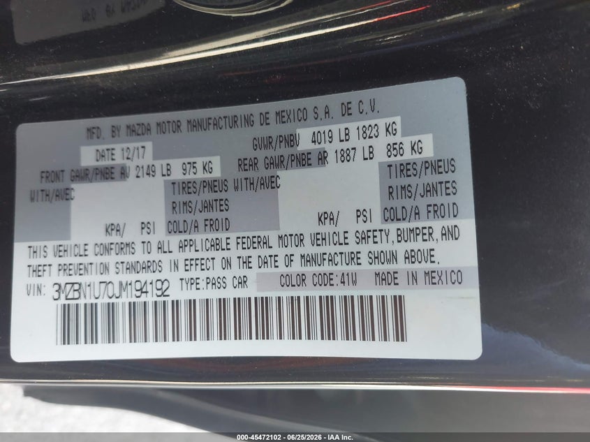 2018 Mazda 3 VIN 3MZBN1U70JM194192 IAAI salvage auction — REAR END, Original (Texas), sold $2,700 on 2026-08-01 (photo 9)