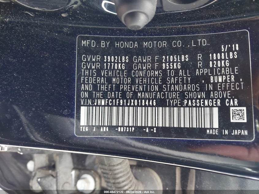 2018 Honda Civic VIN JHMFC1F91JX018446 IAAI salvage auction — REAR END, Salvage (South Carolina), sold $25 on 2026-07-29 (photo 9)