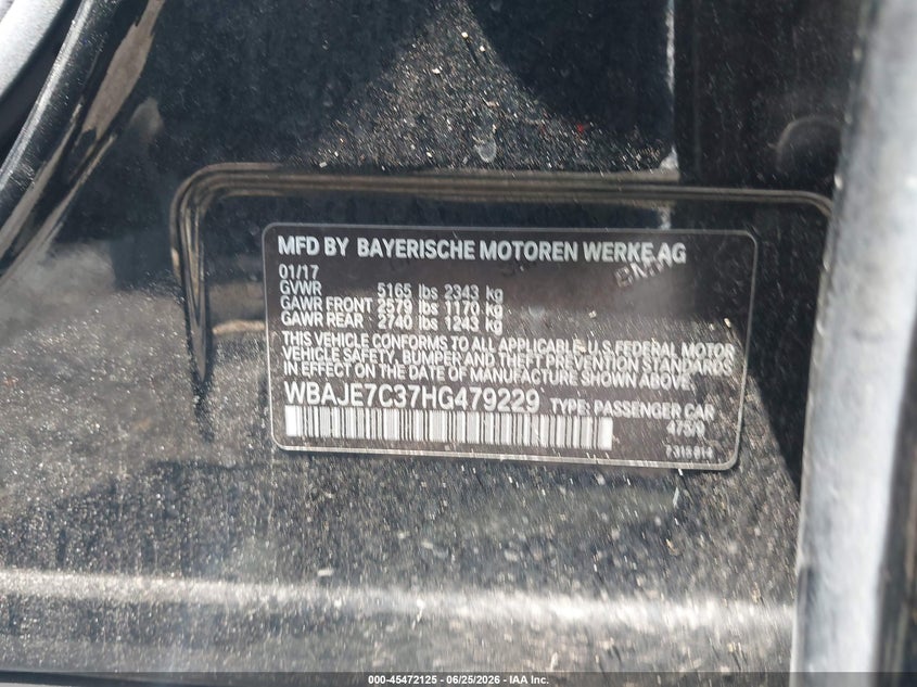 2017 BMW 5er VIN WBAJE7C37HG479229 IAAI salvage auction — LEFT REAR, Salvage (New Jersey), sold $6,400 on 2026-08-03 (photo 9)