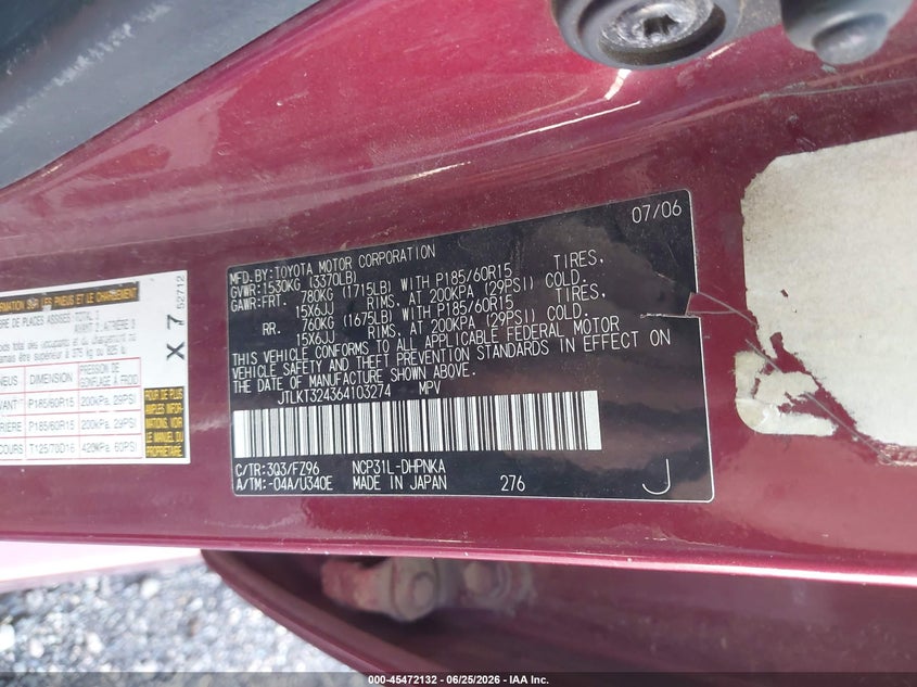 2006 Scion Xb VIN JTLKT324364103274 IAAI salvage auction — NORMAL WEAR, Clear (Montana), sold $25 on 2026-07-29 (photo 9)