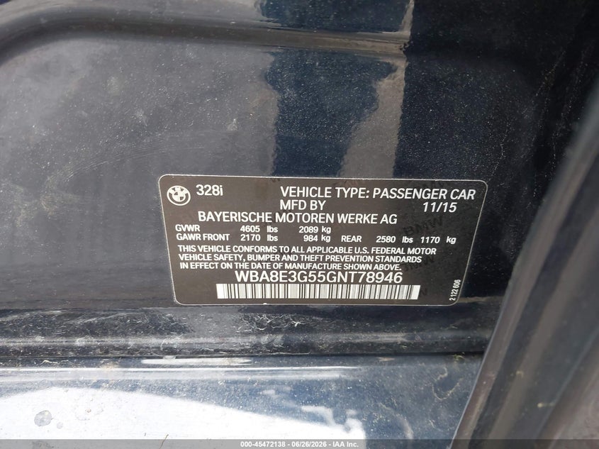 2016 BMW 3er VIN WBA8E3G55GNT78946 IAAI salvage auction — LEFT FRONT, Salvage (Connecticut), sold $1,800 on 2026-08-13 (photo 9)