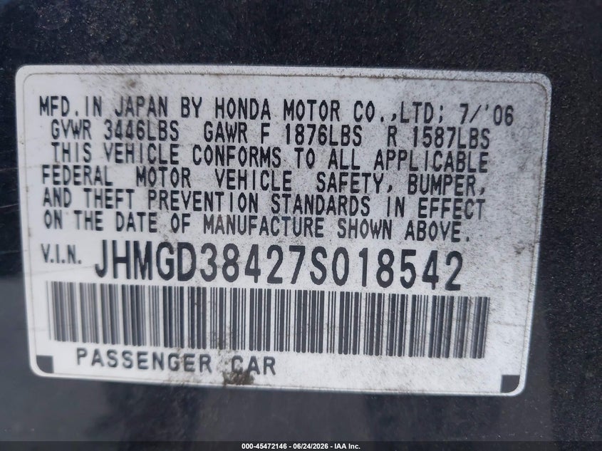 2007 Honda Fit VIN JHMGD38427S018542 IAAI salvage auction — FRONT END, Salvage (California), sold $25 on 2026-07-28 (photo 9)