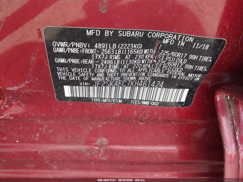 2019 Subaru Forester VIN JF2SKAEC7KH461424 IAAI salvage auction — SIDE, Salvage (Massachusetts), sold $1,675 on 2026-07-24 (photo 9)