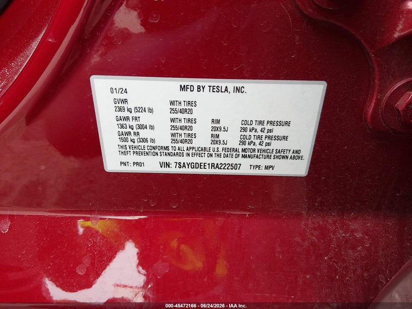 2024 Tesla Model y VIN 7SAYGDEE1RA222507 IAAI salvage auction — REAR END, Salvage (Illinois), sold $15,100 on 2026-08-02 (photo 9)
