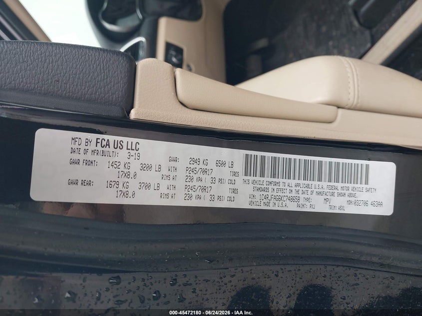 2019 Jeep Grand cherokee VIN 1C4RJFAG6KC748658 IAAI salvage auction — NORMAL WEAR, Sf97 (Illinois), sold $9,350 on 2026-08-11 (photo 9)