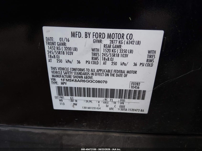 2016 Ford Police interceptor utility VIN 1FM5K8AR6GGC08070 IAAI salvage auction — NORMAL WEAR, Clear-Dealer Only (Arizona), sold $1,000 on 2026-07-14 (photo 9)