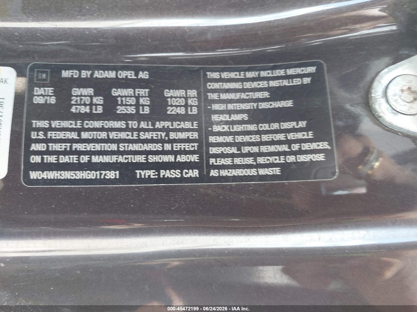 2017 Buick Cascada VIN W04WH3N53HG017381 IAAI salvage auction — SIDE, Salvage Title, sold $900 on 2026-07-28 (photo 9)