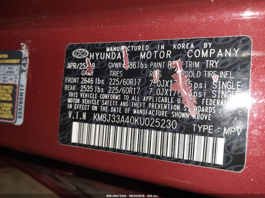 2019 Hyundai Tucson VIN KM8J33A40KU025230 IAAI salvage auction — NORMAL WEAR, Rebuilt -  Public Restricted (Oklahoma), sold $3,675 on 2026-07-28 (photo 9)