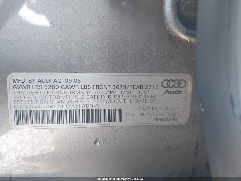 2006 Audi A6 VIN WAUDH74F56N078803 IAAI salvage auction — NORMAL WEAR, Clear (Utah), sold $275 on 2026-07-23 (photo 9)