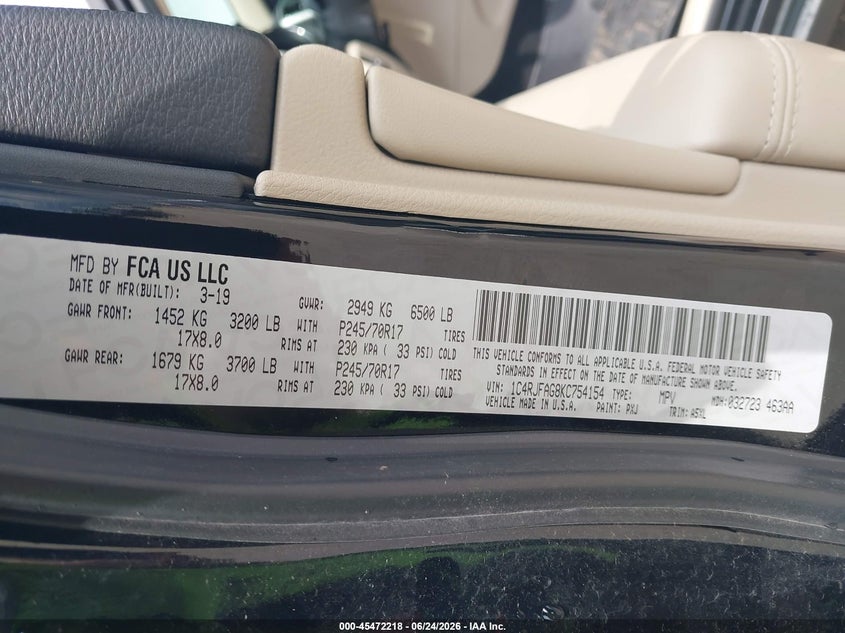 2019 Jeep Grand cherokee VIN 1C4RJFAG8KC754154 IAAI salvage auction — NORMAL WEAR, Sf97 (Illinois), sold $10,875 on 2026-08-11 (photo 9)