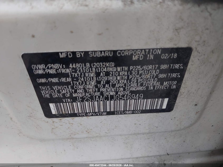 2018 Subaru Forester VIN JF2SJAAC1JG546949 IAAI salvage auction — FRONT END, Salvage (Pennsylvania), sold $1,025 on 2026-07-17 (photo 9)