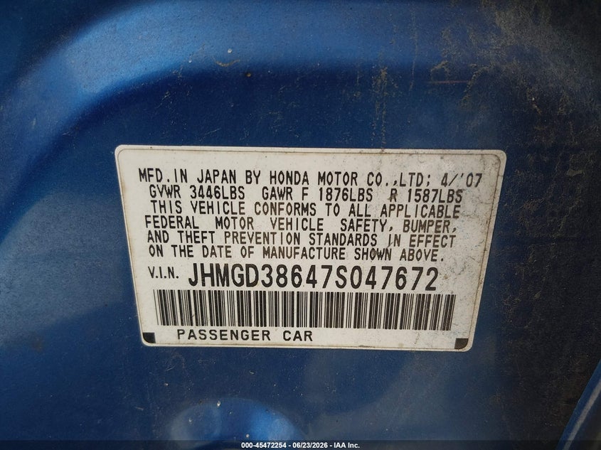 2007 Honda Fit VIN JHMGD38647S047672 IAAI salvage auction — NORMAL WEAR, Reconstructed (Louisiana), sold $725 on 2026-07-13 (photo 9)