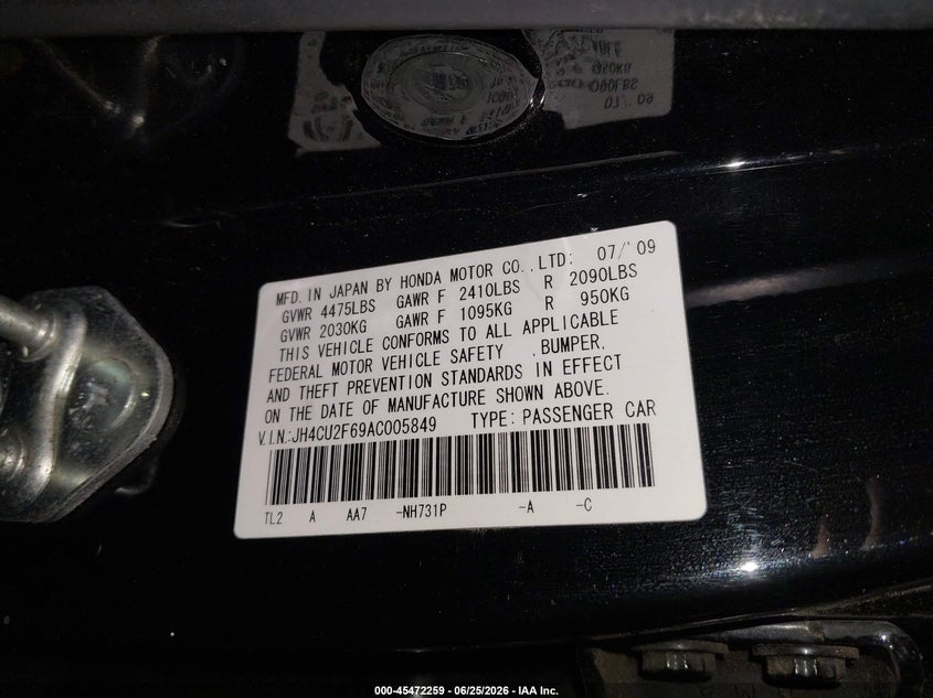 2010 Acura Tsx VIN JH4CU2F69AC005849 IAAI salvage auction — FRONT END, Salvage (Pennsylvania), sold $350 on 2026-07-09 (photo 9)