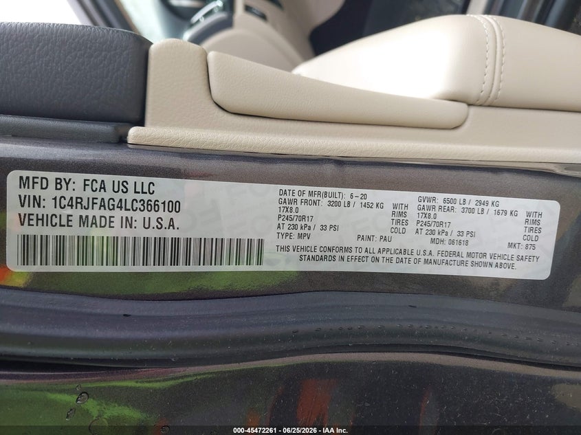 2020 Jeep Grand cherokee VIN 1C4RJFAG4LC366100 IAAI salvage auction — NORMAL WEAR, Sf97 (Illinois), sold $7,700 on 2026-08-11 (photo 9)