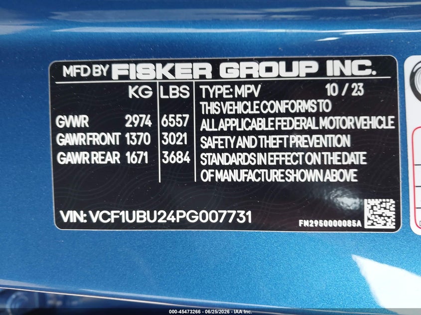 2023 Fisker Ocean VIN VCF1UBU24PG007731 IAAI salvage auction — FRONT END, Salvage Title, sold $8,100 on 2026-07-15 (photo 9)