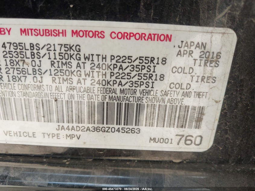2016 Mitsubishi Outlander VIN JA4AD2A36GZ045263 IAAI salvage auction — RIGHT SIDE, Salvage (Texas), sold $2,400 on 2026-07-27 (photo 9)