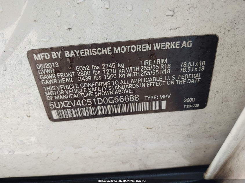 2013 BMW X5 VIN 5UXZV4C51D0G56688 IAAI salvage auction — NORMAL WEAR, Clear (Alabama), sold $1,900 on 2026-07-20 (photo 9)
