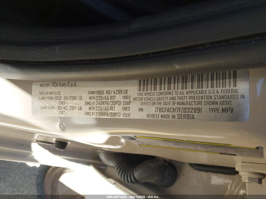 2015 Fiat 500l VIN ZFBCFACH7FZ032891 IAAI salvage auction — UNKNOWN, Clear - Dealer Only (California), sold $300 on 2026-07-30 (photo 9)