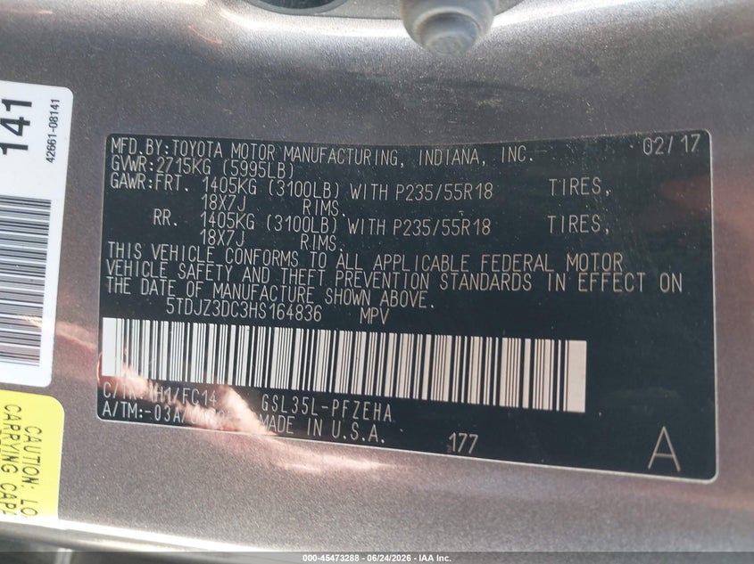 2017 Toyota Sienna VIN 5TDJZ3DC3HS164836 IAAI salvage auction — FRONT END, Salvage (California), sold $2,250 on 2026-07-21 (photo 9)