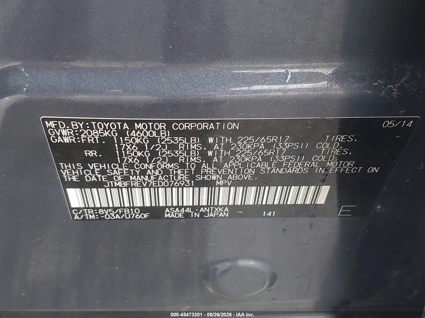 2014 Toyota Rav 4 VIN JTMBFREV7ED076931 IAAI salvage auction — FRONT & REAR, Salvage Title, sold $1,650 on 2026-08-01 (photo 9)