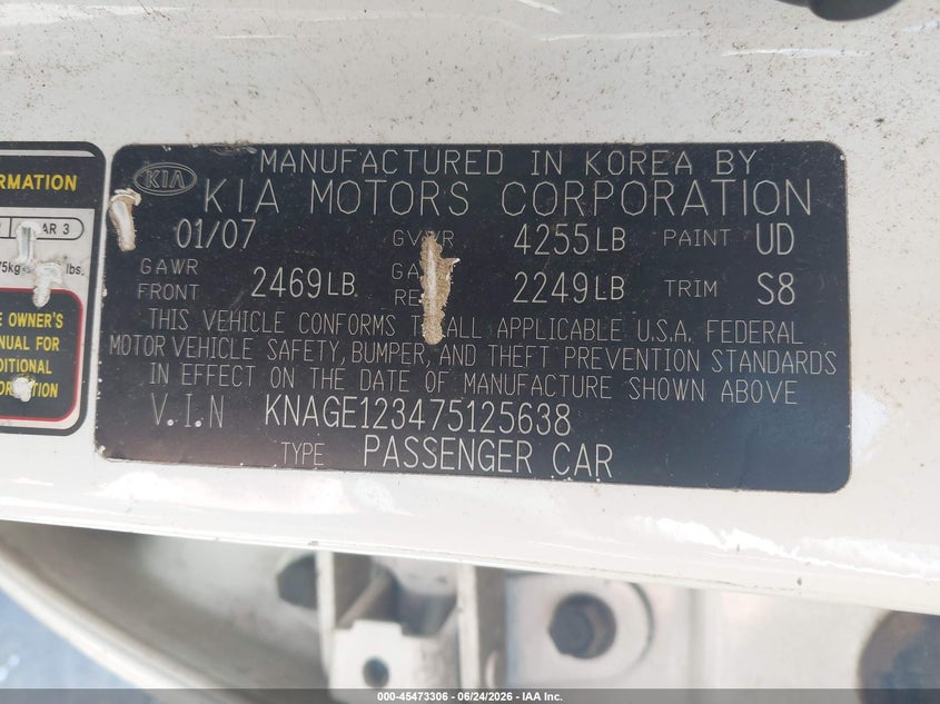 2007 Kia Optima VIN KNAGE123475125638 IAAI salvage auction — LEFT REAR, Salvage (California), sold $375 on 2026-07-29 (photo 9)