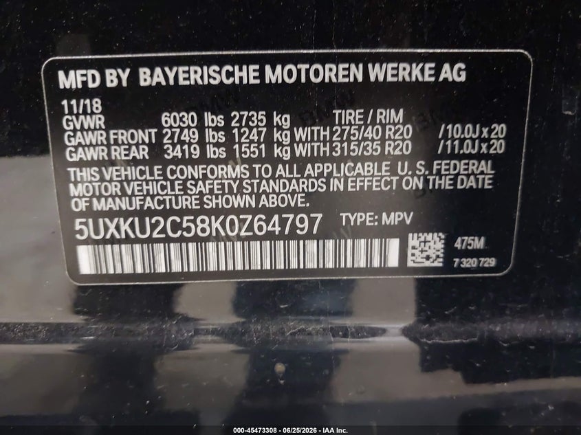 2019 BMW X6 VIN 5UXKU2C58K0Z64797 IAAI salvage auction — RIGHT REAR, Mv-907A (New York), sold $9,500 on 2026-07-08 (photo 9)