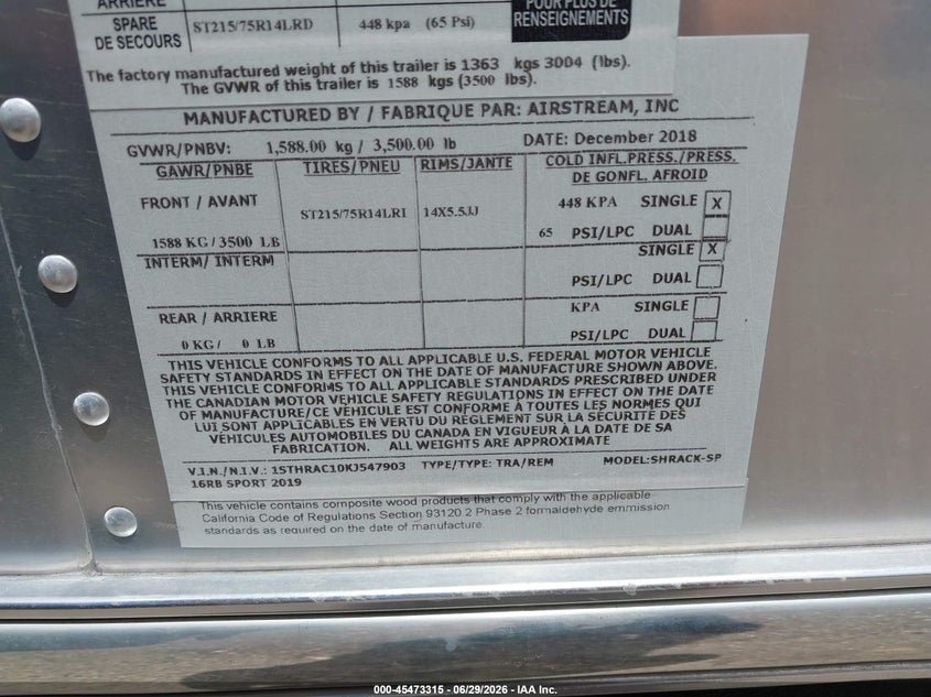 2019 Airstream Other VIN 1STHRAC10KJ547903 IAAI salvage auction — SIDE, Salvage (Alabama), sold $4,250 on 2026-07-21 (photo 9)