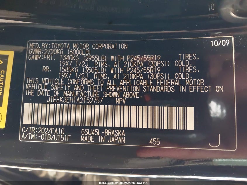 2010 Toyota Highlander VIN JTEEK3EH1A2152757 IAAI salvage auction — REAR END, Salvage (Colorado), sold $2,650 on 2026-07-29 (photo 9)
