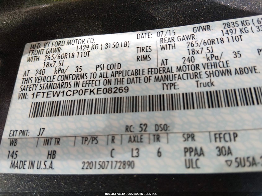 2015 Ford F-150 VIN 1FTEW1CP0FKE08269 IAAI salvage auction — NORMAL WEAR, Original (Texas), sold $7,375 on 2026-07-26 (photo 9)