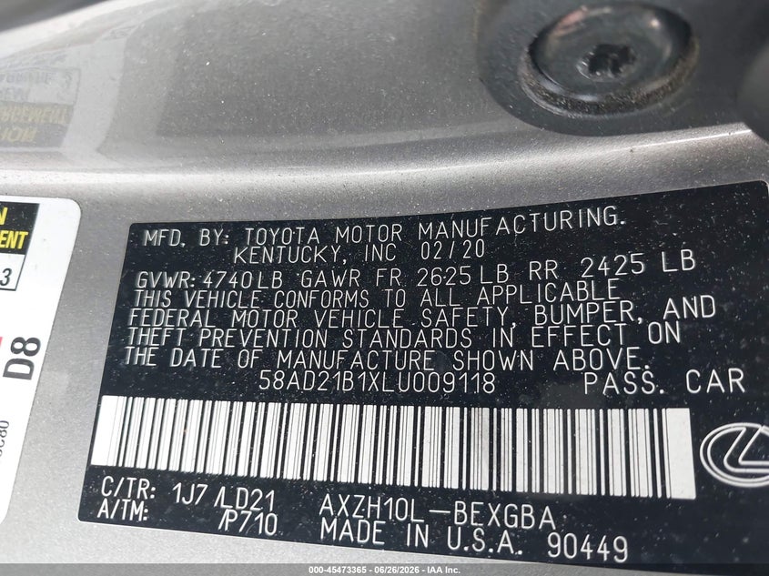 2020 Lexus ES VIN 58AD21B1XLU009118 IAAI salvage auction — SIDE, Salvage (California), sold $8,700 on 2026-07-09 (photo 9)