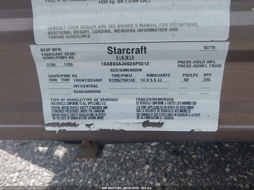 2016 Starcraft Other VIN 1SABS0AJ4G28P5312 IAAI salvage auction — Unknown, Salvage (Indiana), sold $575 on 2026-07-28 (photo 9)