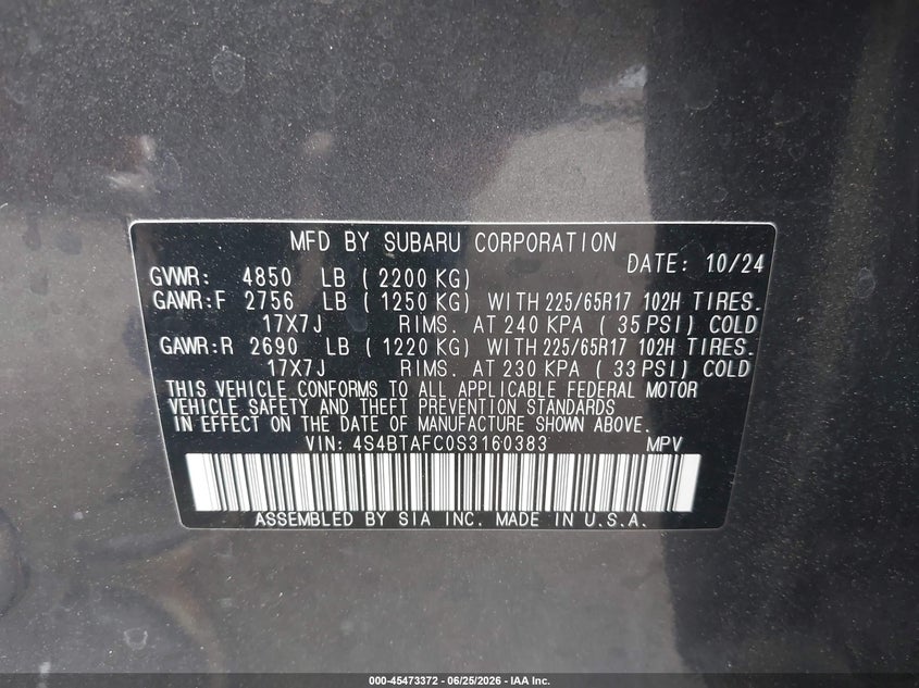 2025 Subaru Outback VIN 4S4BTAFC0S3160383 IAAI salvage auction — REAR END, Salvage Title, sold $9,500 on 2026-08-21 (photo 9)