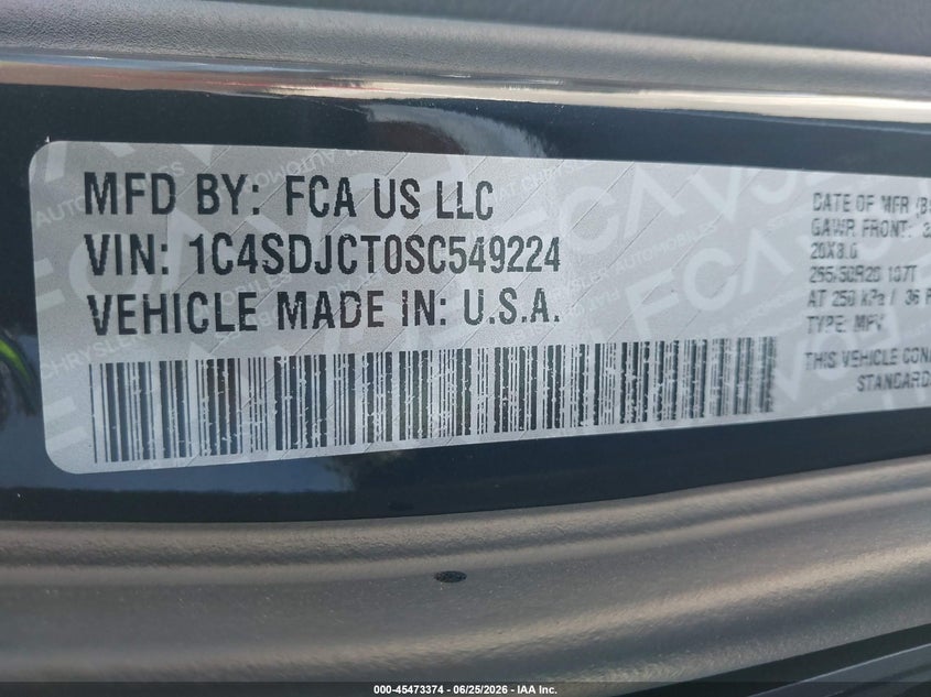 2025 Dodge Durango VIN 1C4SDJCT0SC549224 IAAI salvage auction — LEFT FRONT, Salvage (California), sold $10,900 on 2026-07-29 (photo 9)