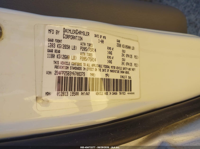 2000 Dodge Caravan VIN 2B4FP25B3YR708379 IAAI salvage auction — NORMAL WEAR, Clear - Dealer Only (California), sold $200 on 2026-07-09 (photo 9)
