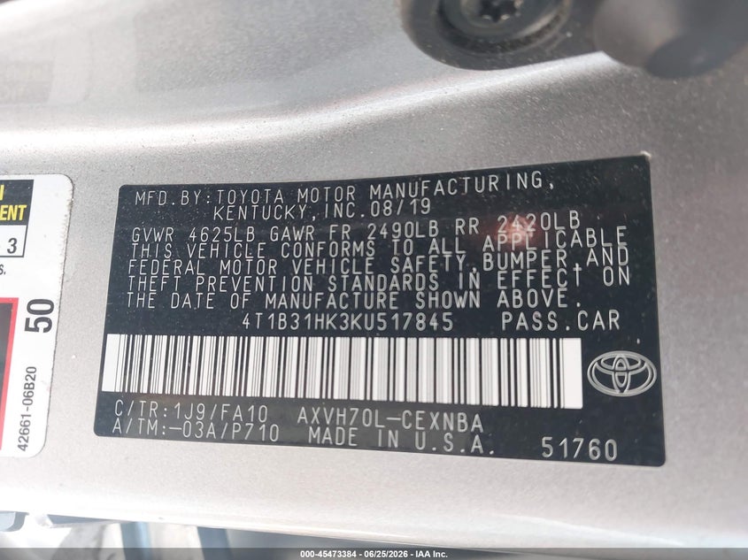 2019 Toyota Camry VIN 4T1B31HK3KU517845 IAAI salvage auction — FRONT END, Salvage (Utah), sold $7,300 on 2026-08-02 (photo 9)